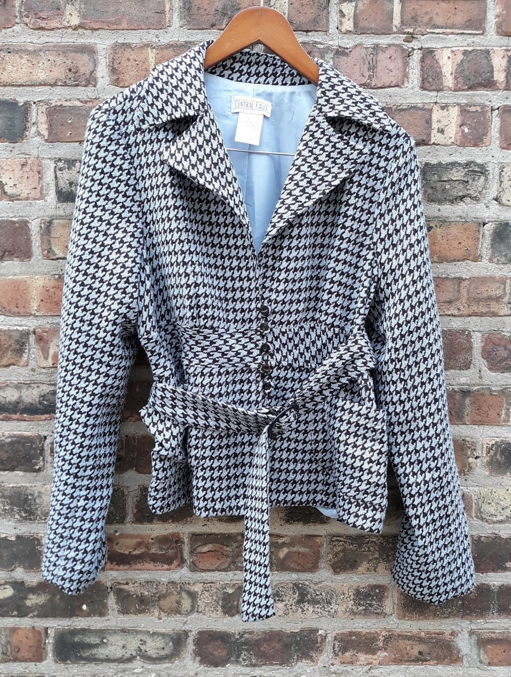Central Falls Vintage Houndstooth Belted Blazer Jacket Peplum Brown Cream L